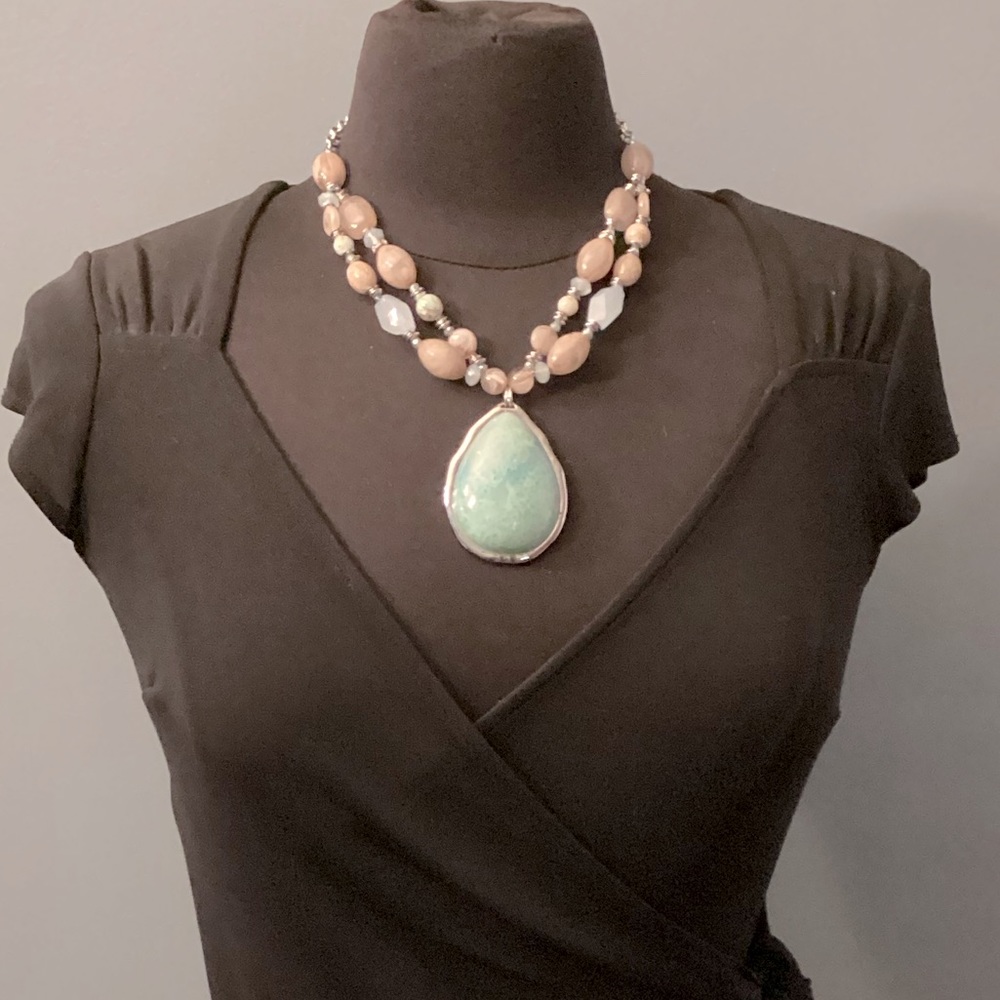 Chico's Mint Teardrop Pendant Double-Strand Necklace with Beige Beads